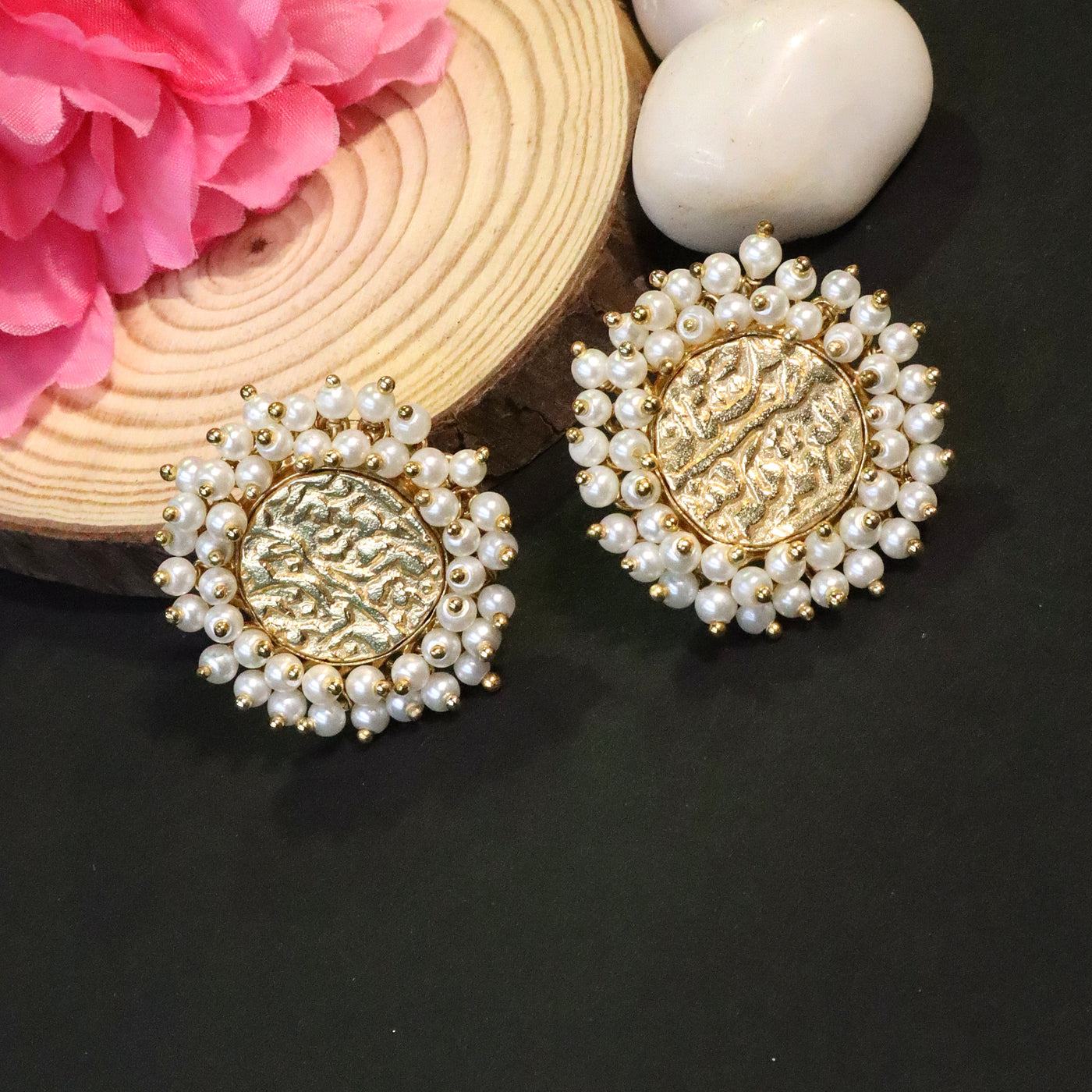Gold Tone White Pearl Halo Textured Stud Earrings - SIA456516