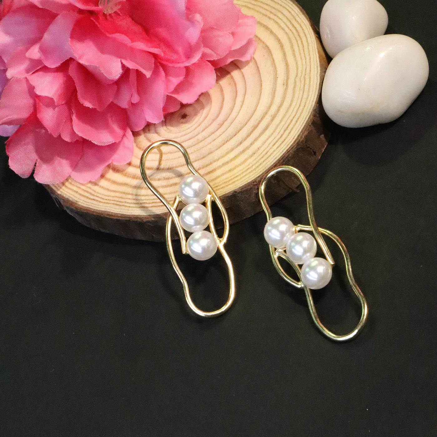 Gold Tone White Pearl Open Loop Drop Earrings - SIA456520
