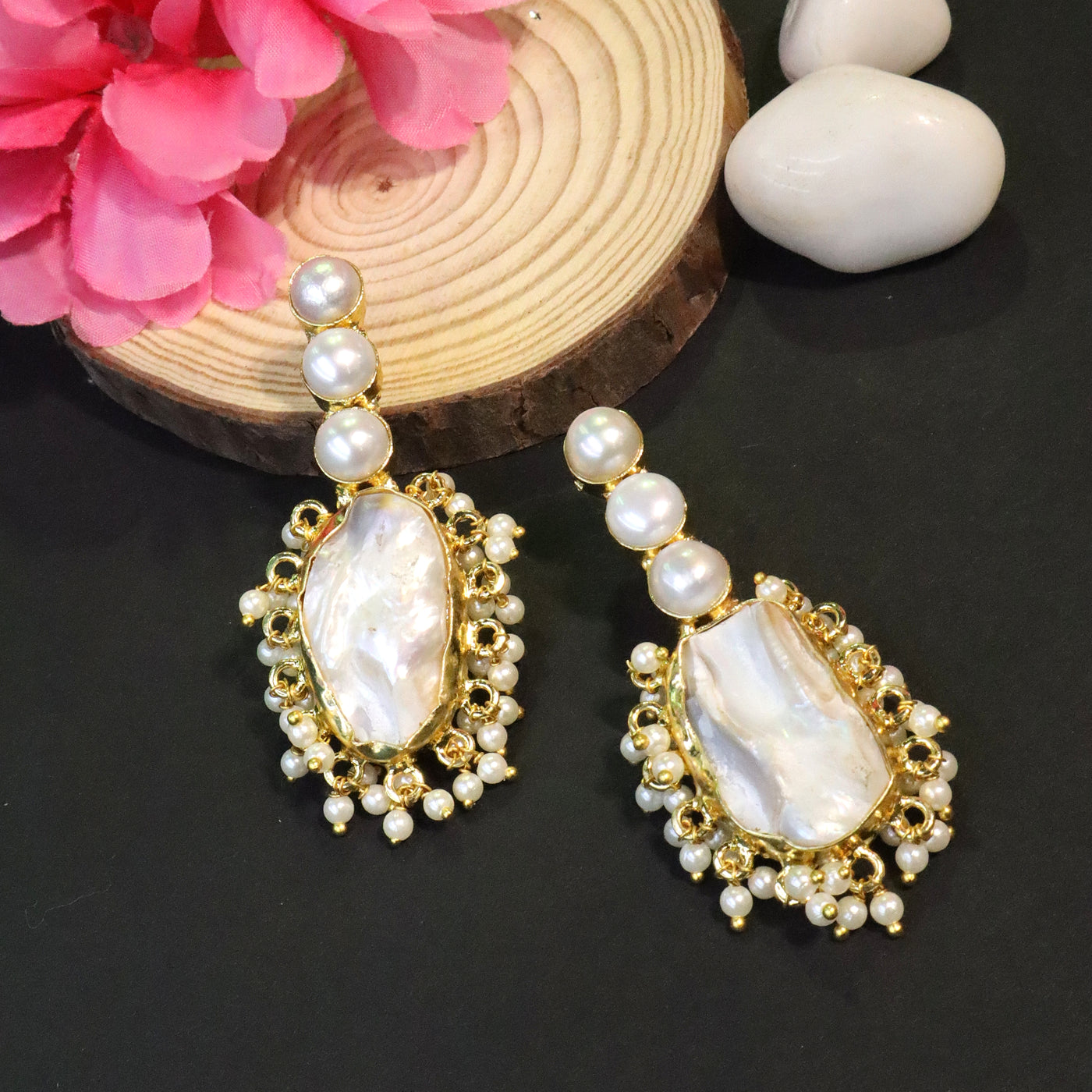 Gold Tone White Baroque Pearl Cluster Stud Earrings - SIA456521
