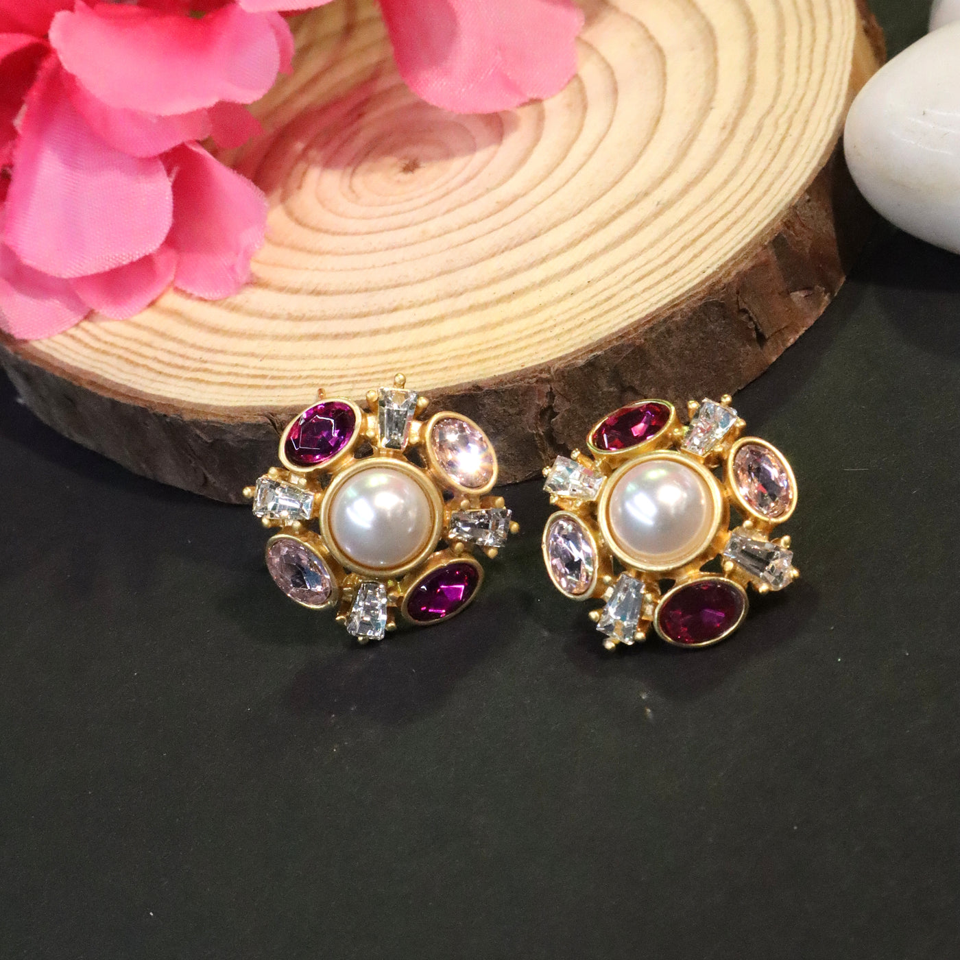 Gold Tone Multi-Color Pink and Purple Pearl Stud Earrings - SIA456523