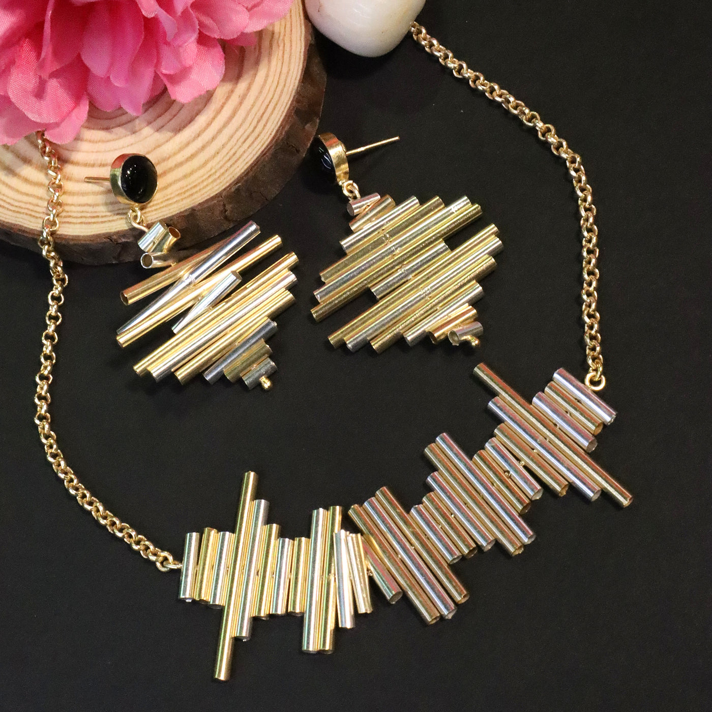 Contemporary Bi-Color Abstract Bar Necklace and Earring Set - SIA456535