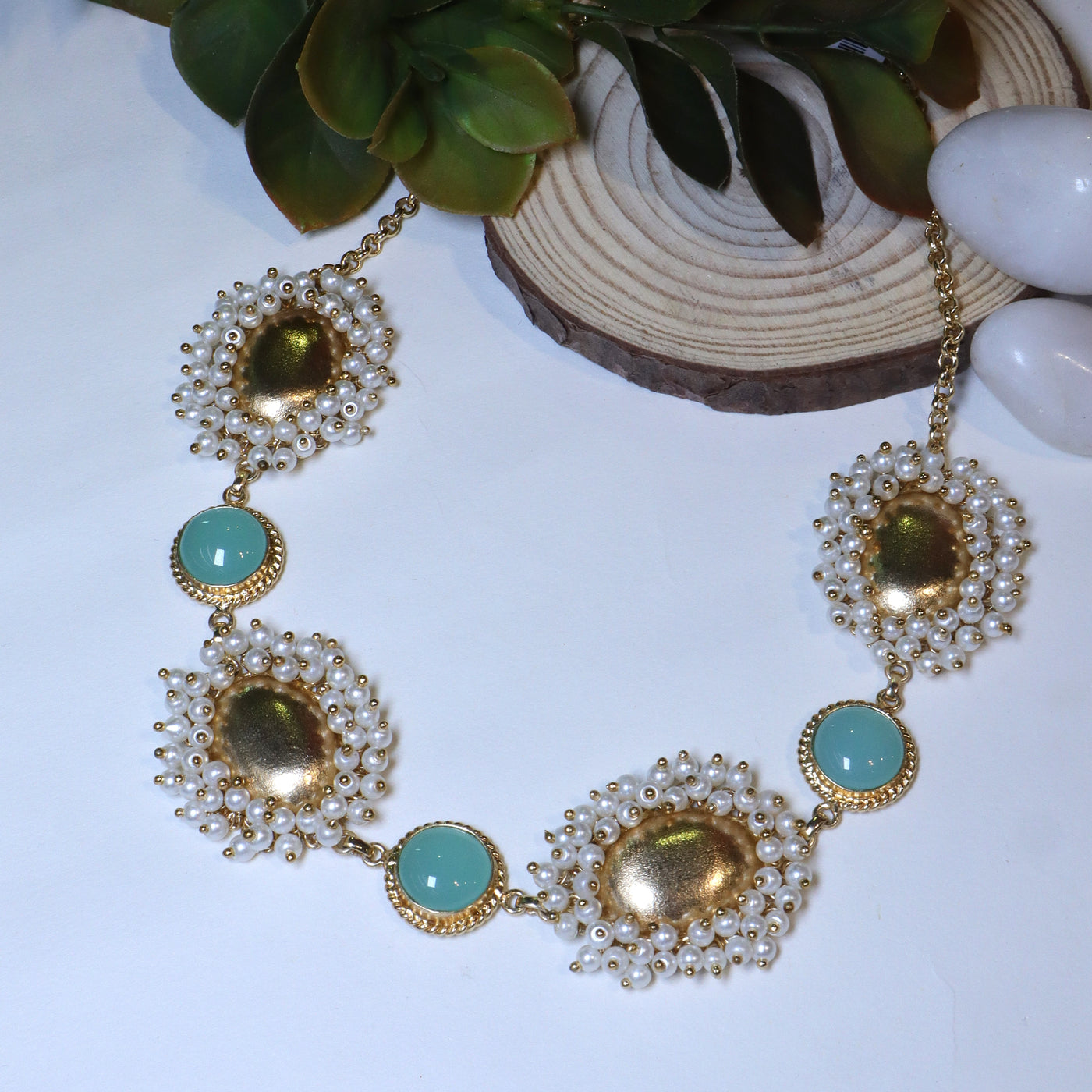 Statement Necklace with Pearl Clusters and Aqua Blue Gemstones - SIA456537