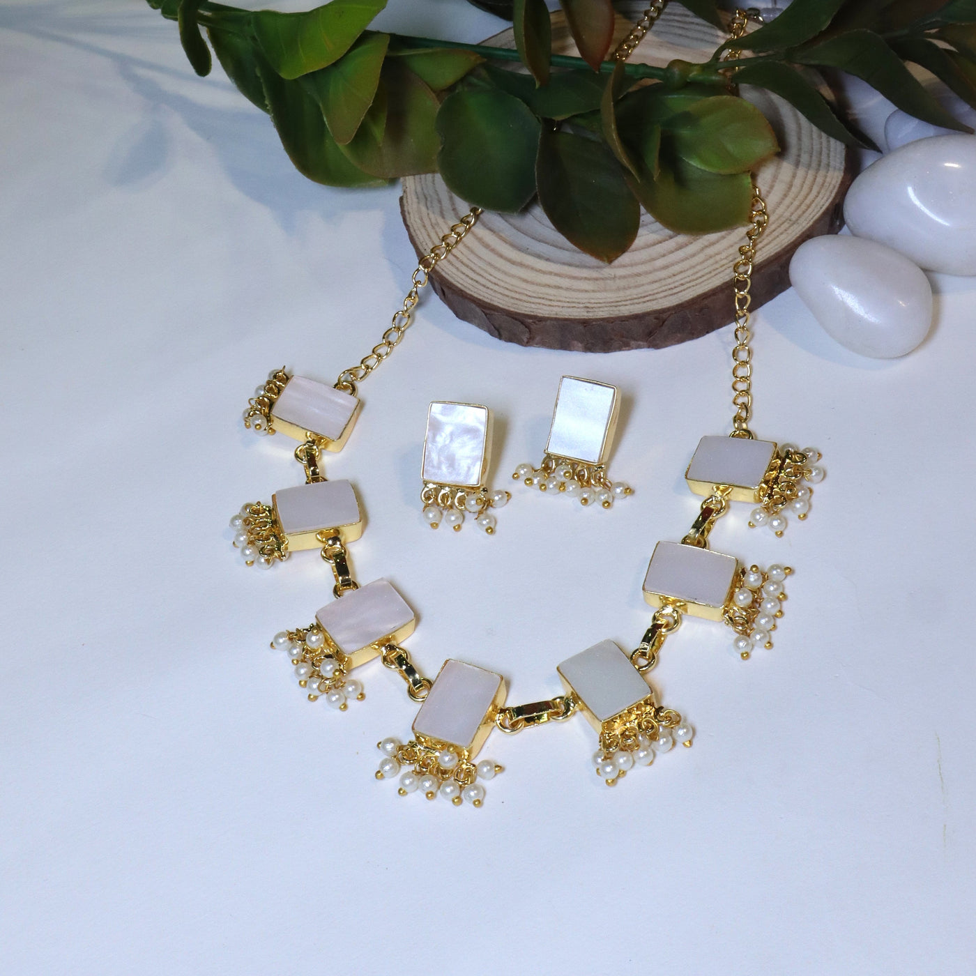 Gold-Toned Mother-of-Pearl and Pearl Dangle Necklace and Earring Set. - SIA456540
