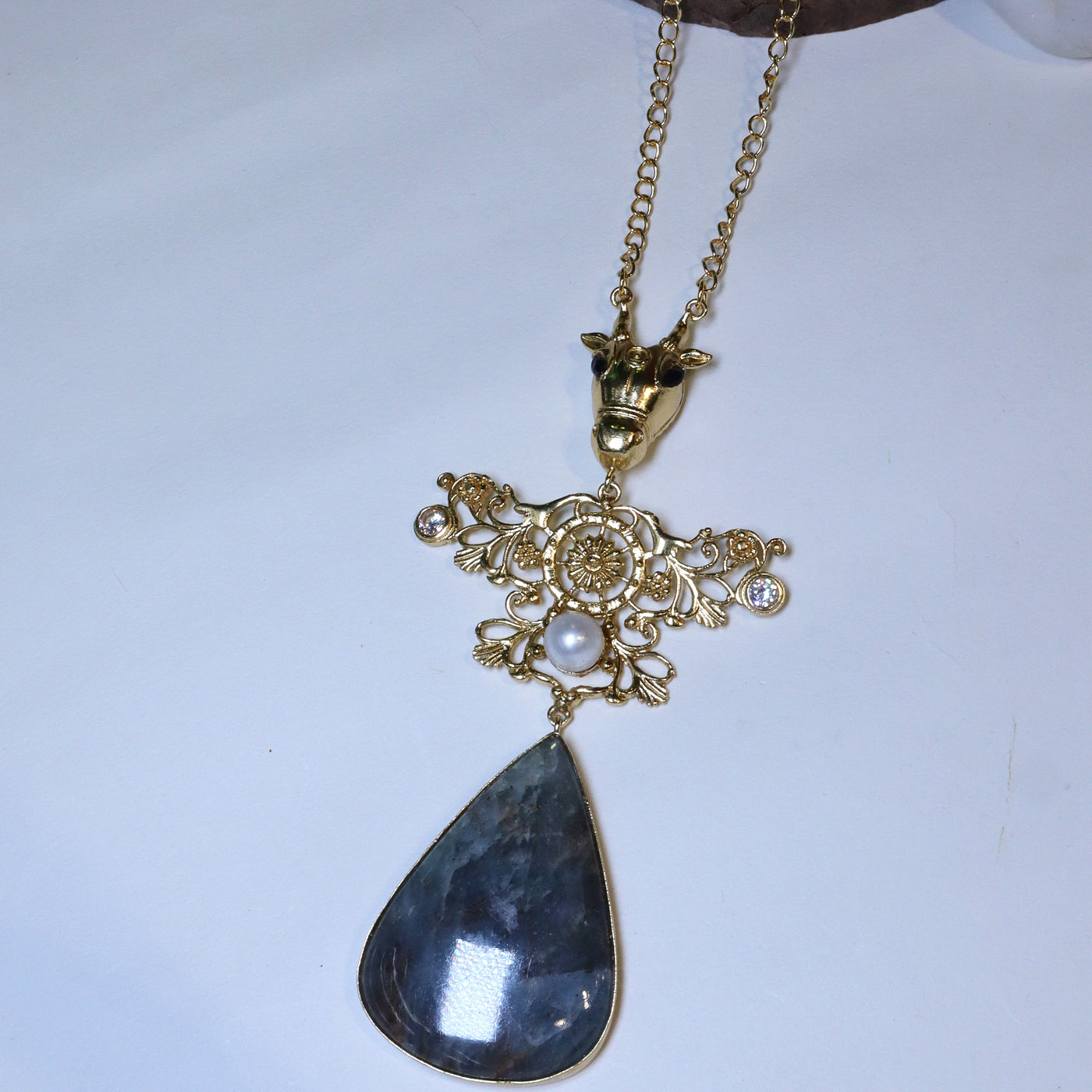 Gold Giraffe Head Pendant Necklace with Filigree and Large Gray Teardrop Gemstone - SIA456543