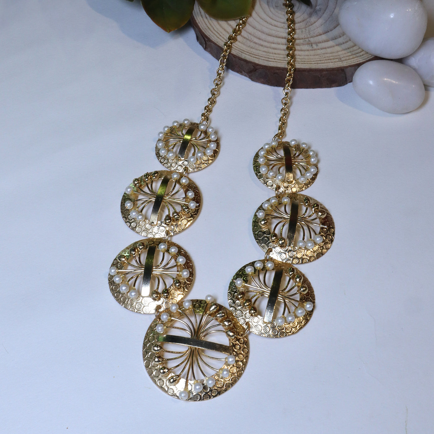 Multi-Panel Cluster Necklace with Gold Filigree and Seed Pearls - SIA456544