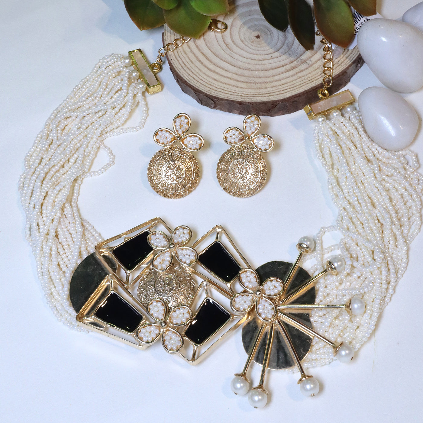 Gold-Plated Multi-Strand Pearl Choker with Floral and Geometric Pendant and Stud Earrings. - SIA456546