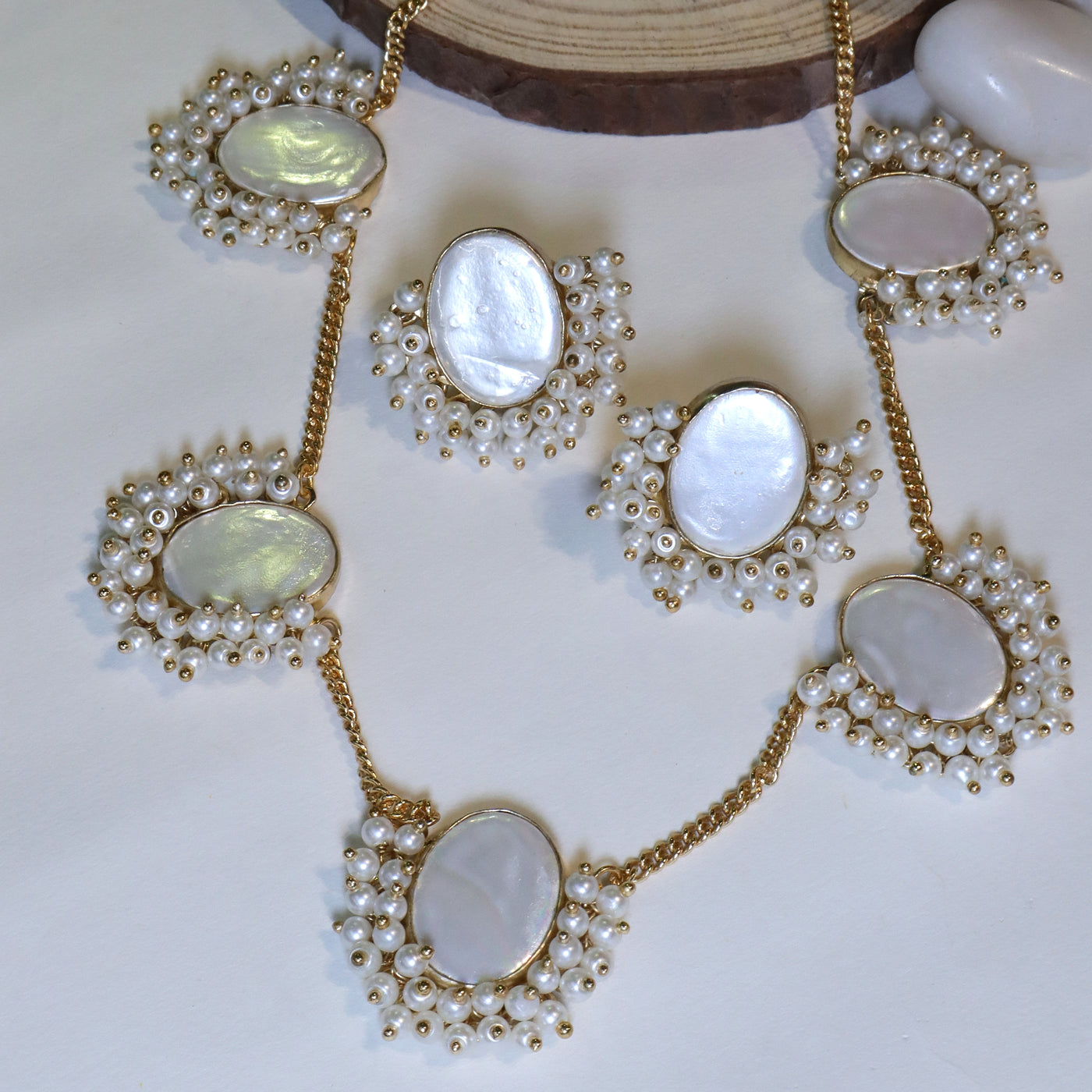 Statement Necklace and Earring Set with Mother-of-Pearl Ovals and Seed Pearl Clusters - SIA456549