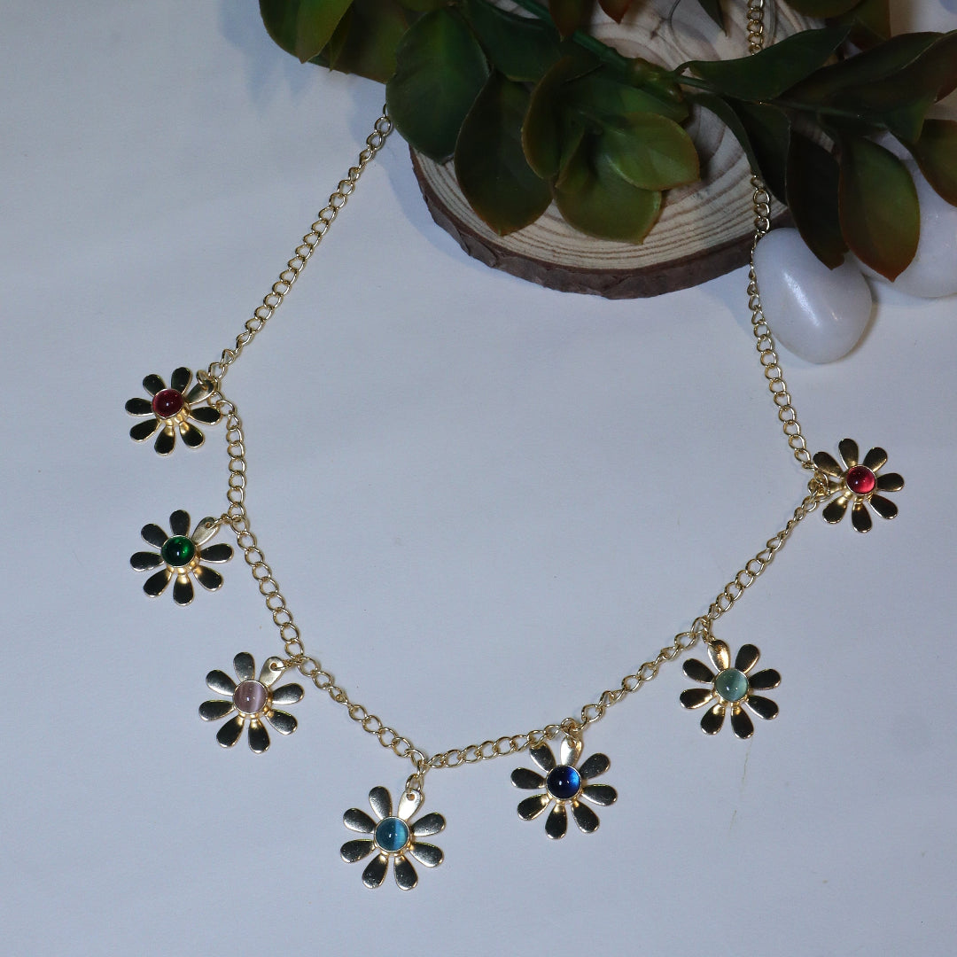 Gold-Plated Flower Drop Necklace with Multi-Color Stone Accents. - SIA456550