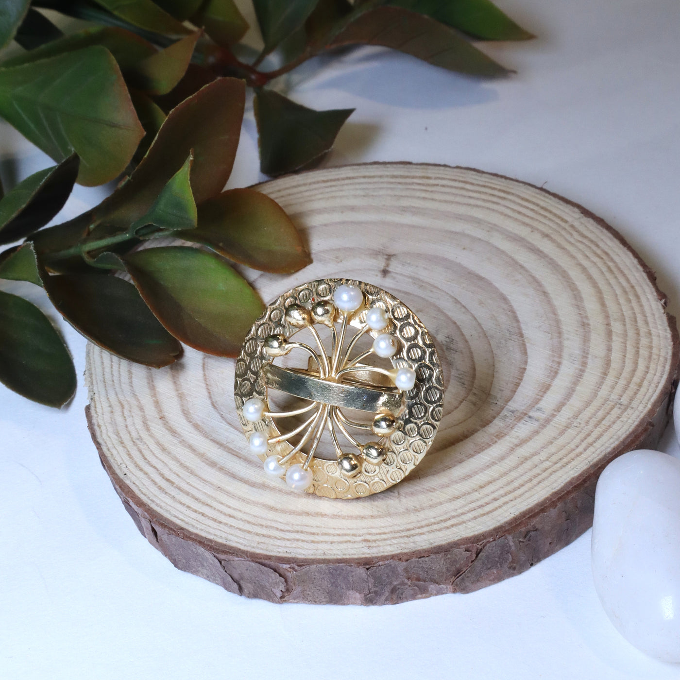 Gold-Toned Textured Cocktail Ring with Geometric Cutout and Pearl Accents. - SIA456577