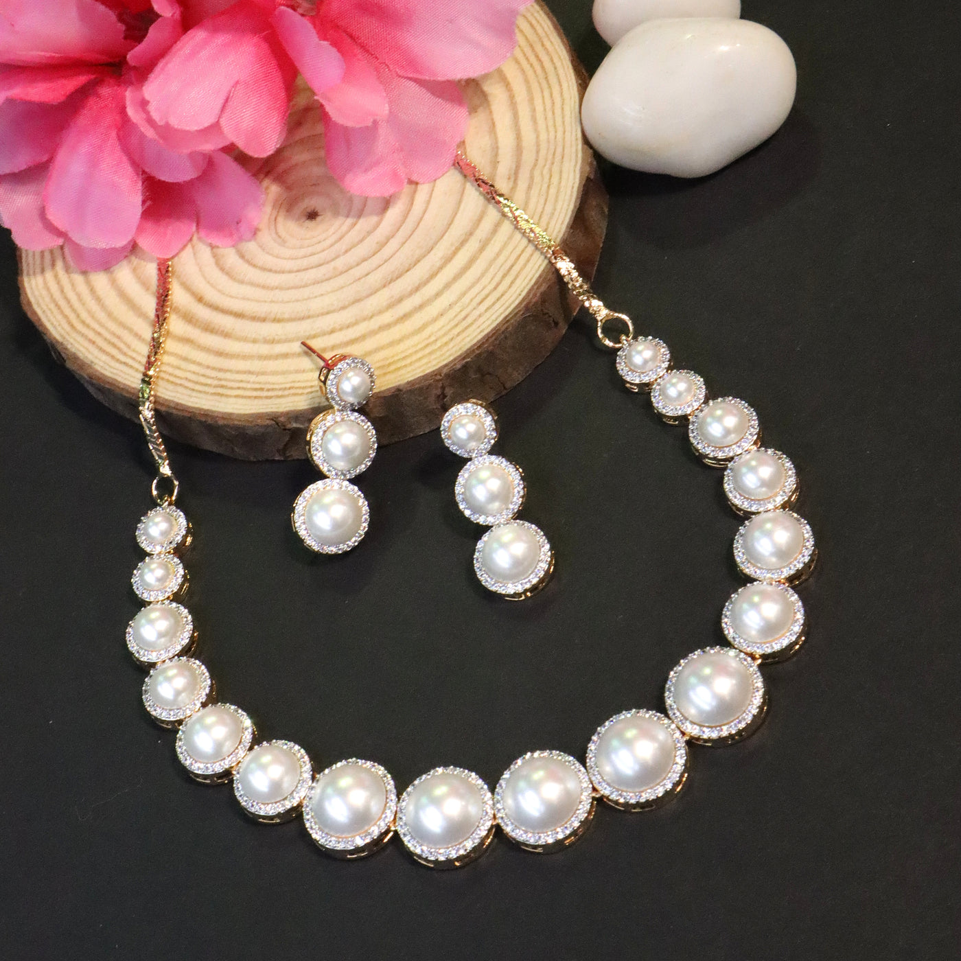 Elegant Gold Tone Multi-Sized Pearl Necklace Set - SIA456627