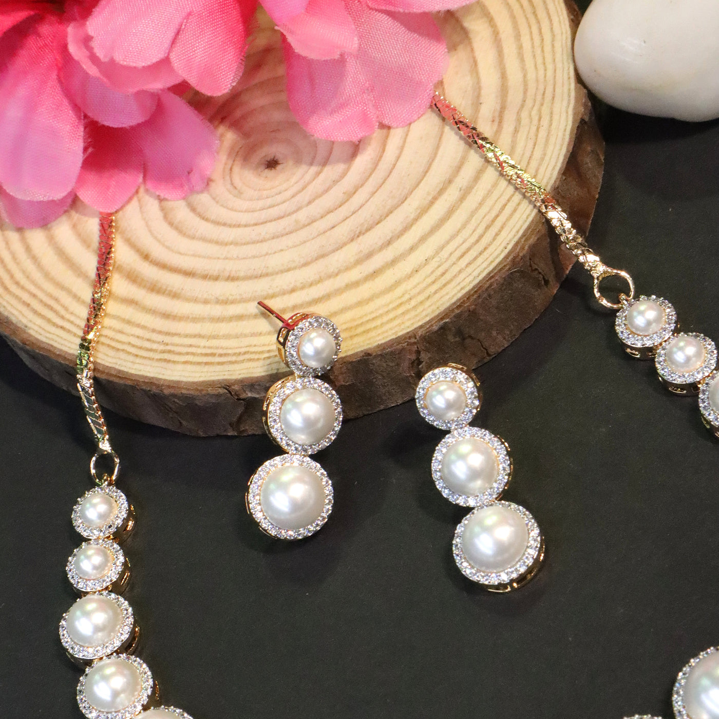 Elegant Gold Tone Multi-Sized Pearl Necklace Set - SIA456627