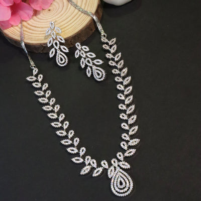 Silver Tone Leaf Design CZ Necklace Set - SIA456628