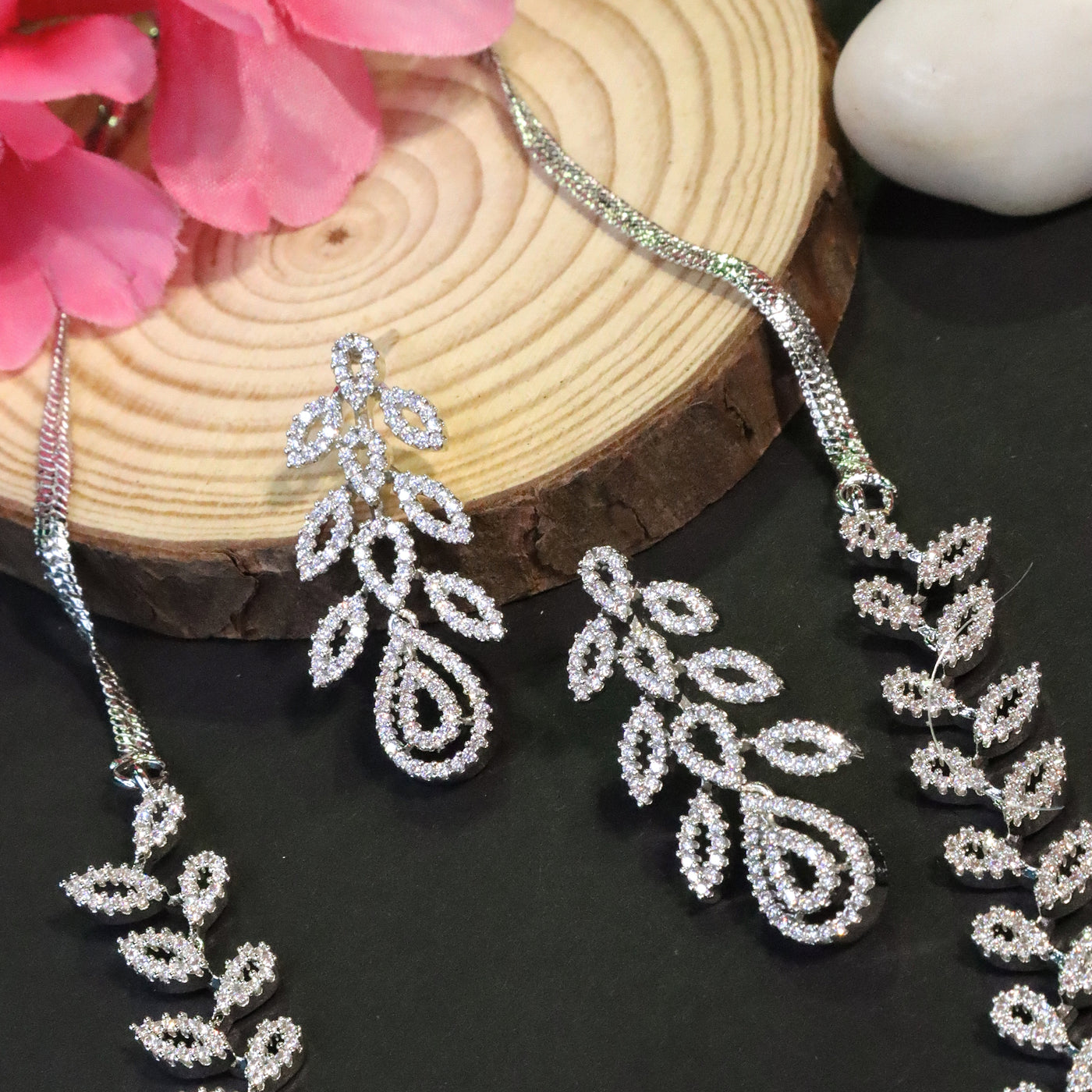 Silver Tone Leaf Design CZ Necklace Set - SIA456628
