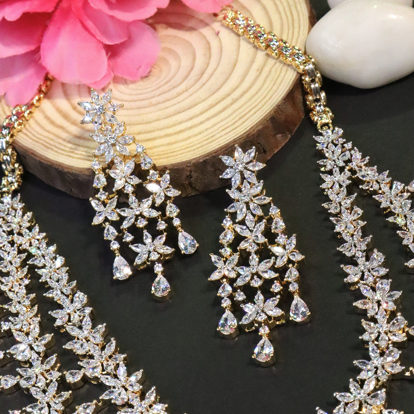 Gold Tone Double Layer Pear CZ Necklace Set - SIA456634