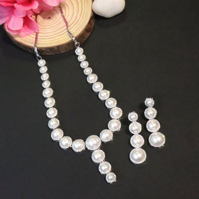 Silver Pearl Halo Necklace Set with Earrings - SIA456636