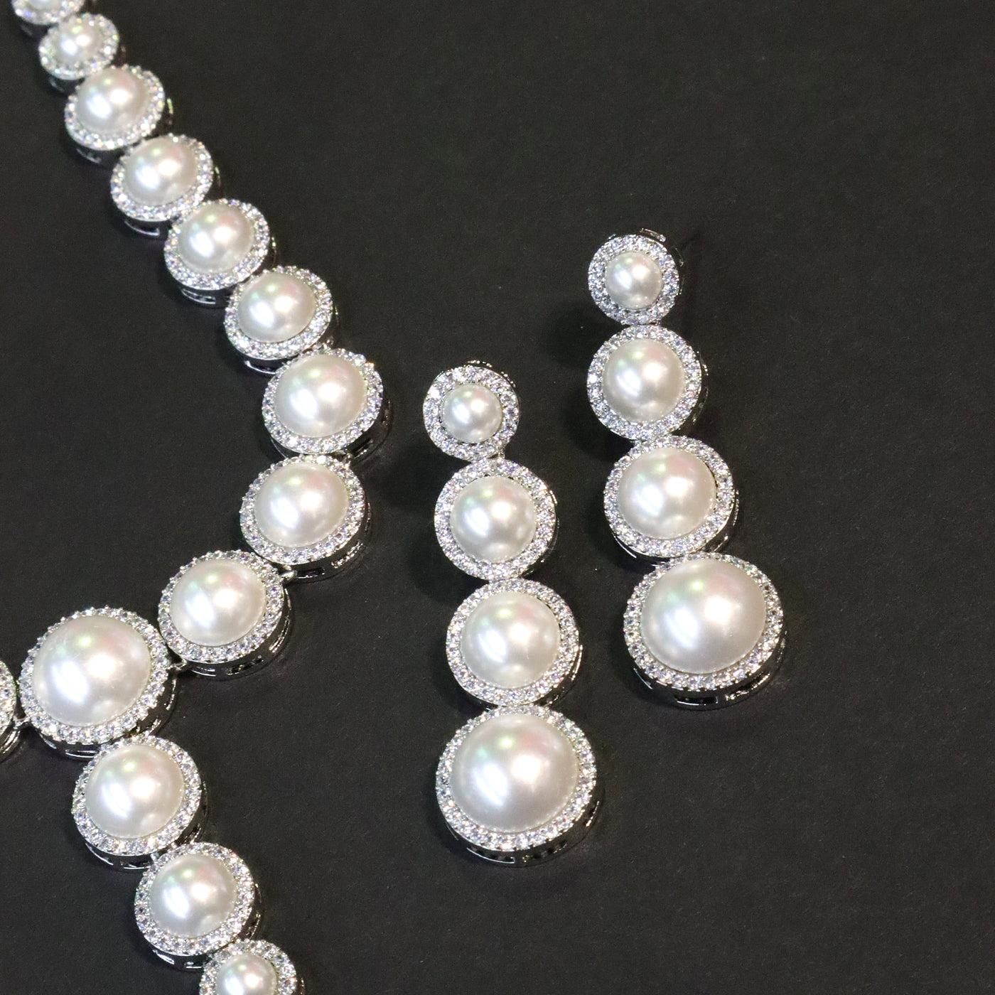 Silver Pearl Halo Necklace Set with Earrings - SIA456636