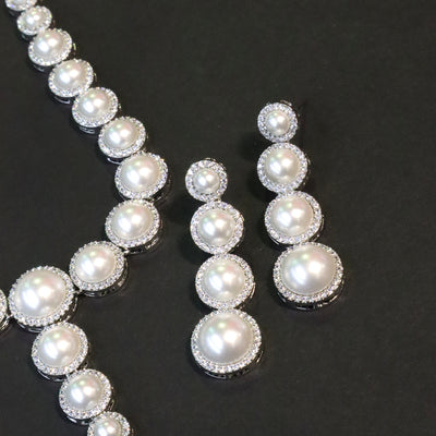 Silver Pearl Halo Necklace Set with Earrings - SIA456636