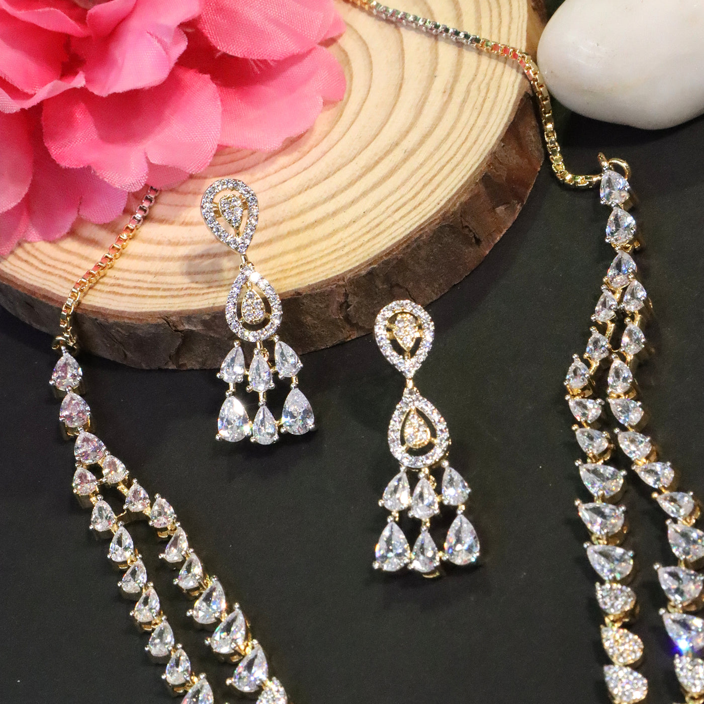 Sparkling Double-Layer Teardrop CZ Necklace Set in Gold Tone - SIA456668