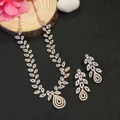 Golden & CZ Leaf Design Necklace & Earrings Set - SIA456669