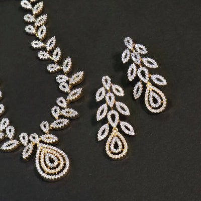 Golden & CZ Leaf Design Necklace & Earrings Set - SIA456669