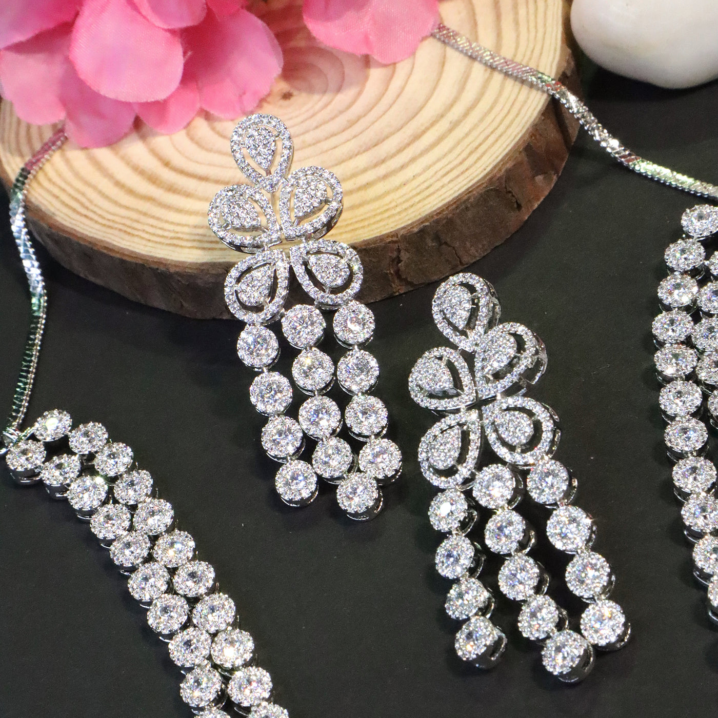 Sparkling Two-Layer CZ Necklace & Earrings Set - SIA456670