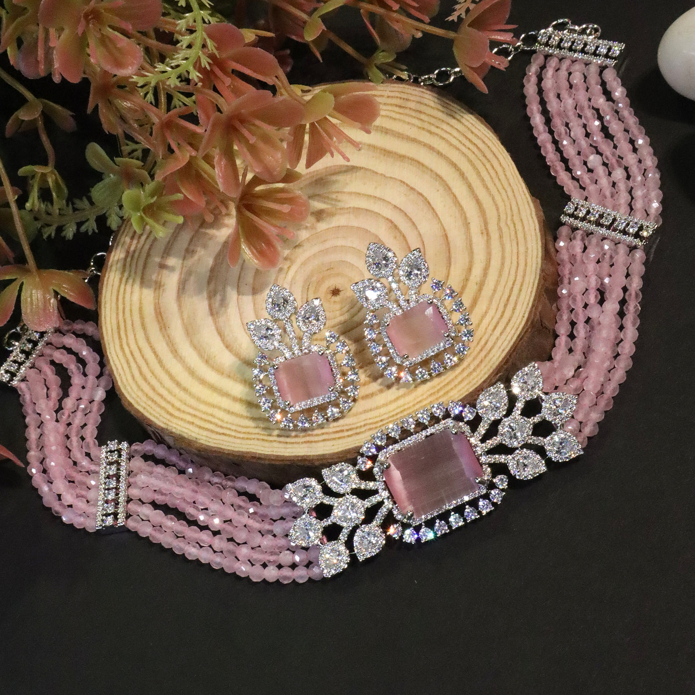 Elegant Pink Beaded and Diamond-Style Choker Set. - SIA456671