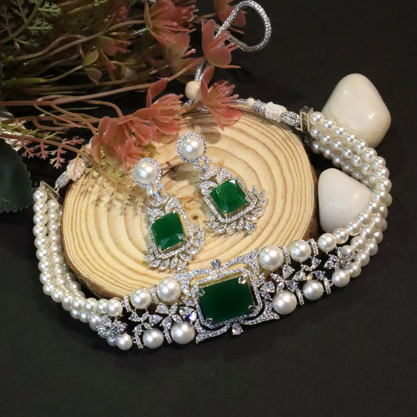 Classic Pearl and Emerald-Style Choker Set with Diamond Accents. - SIA456673