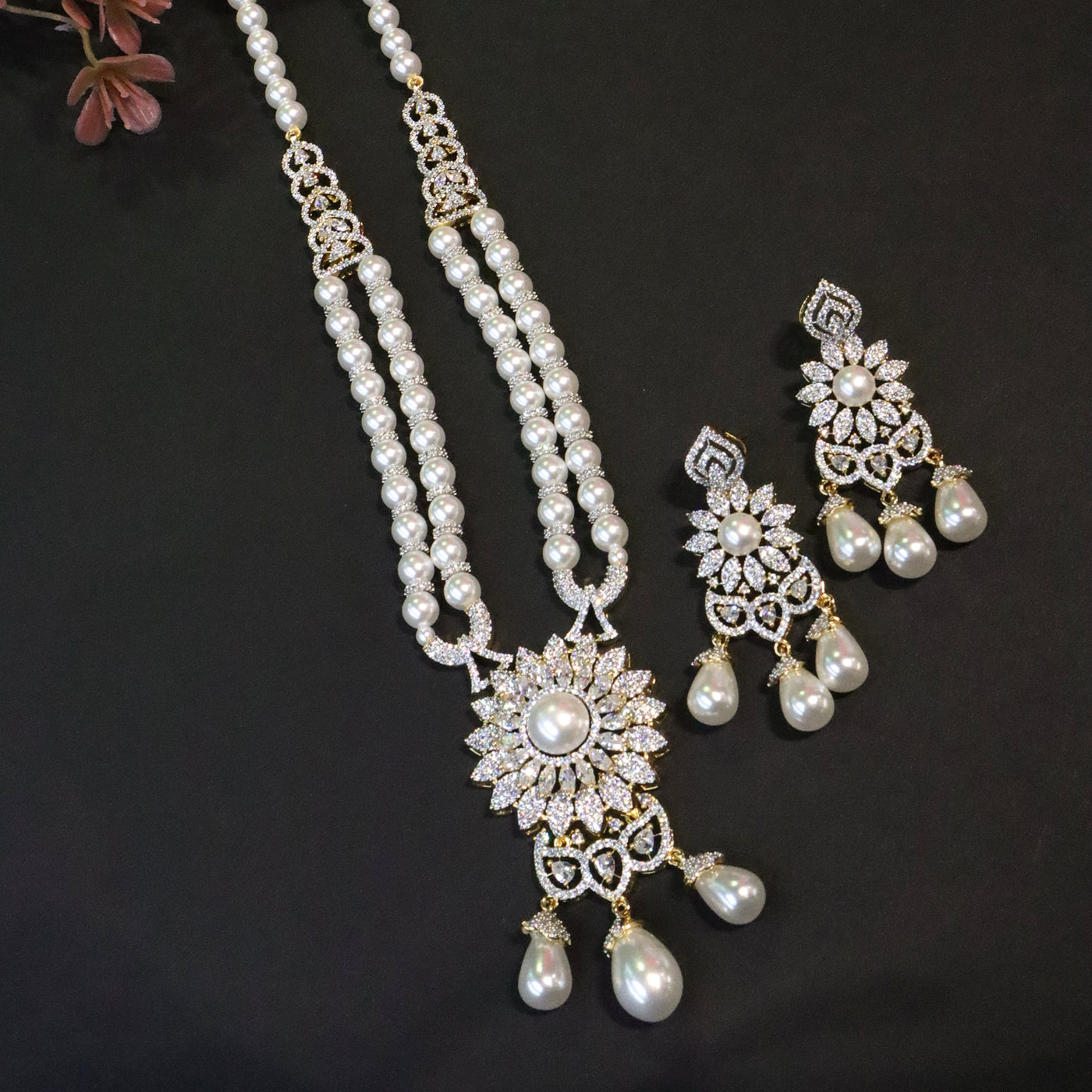 Contemporary Black and White Stone Long Necklace and Earring Set. - SIA456684