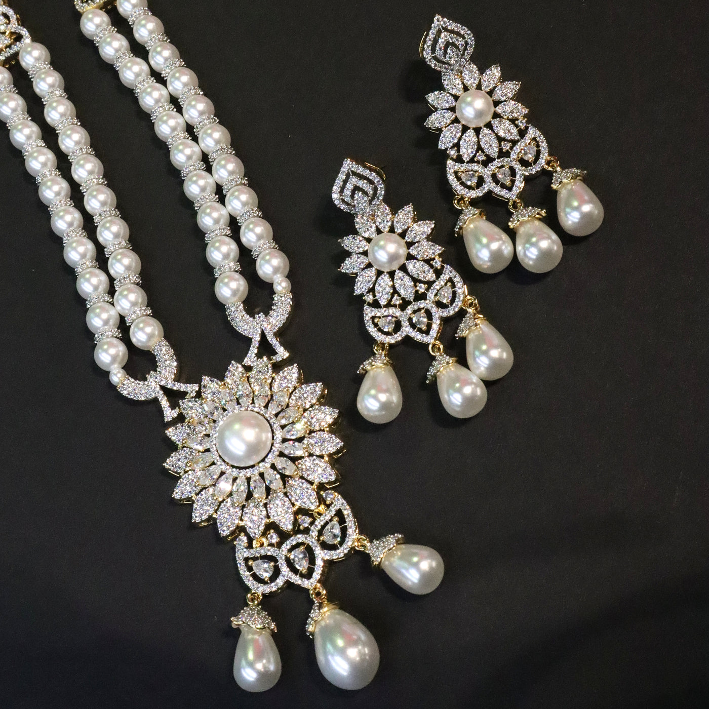 Contemporary Black and White Stone Long Necklace and Earring Set. - SIA456684