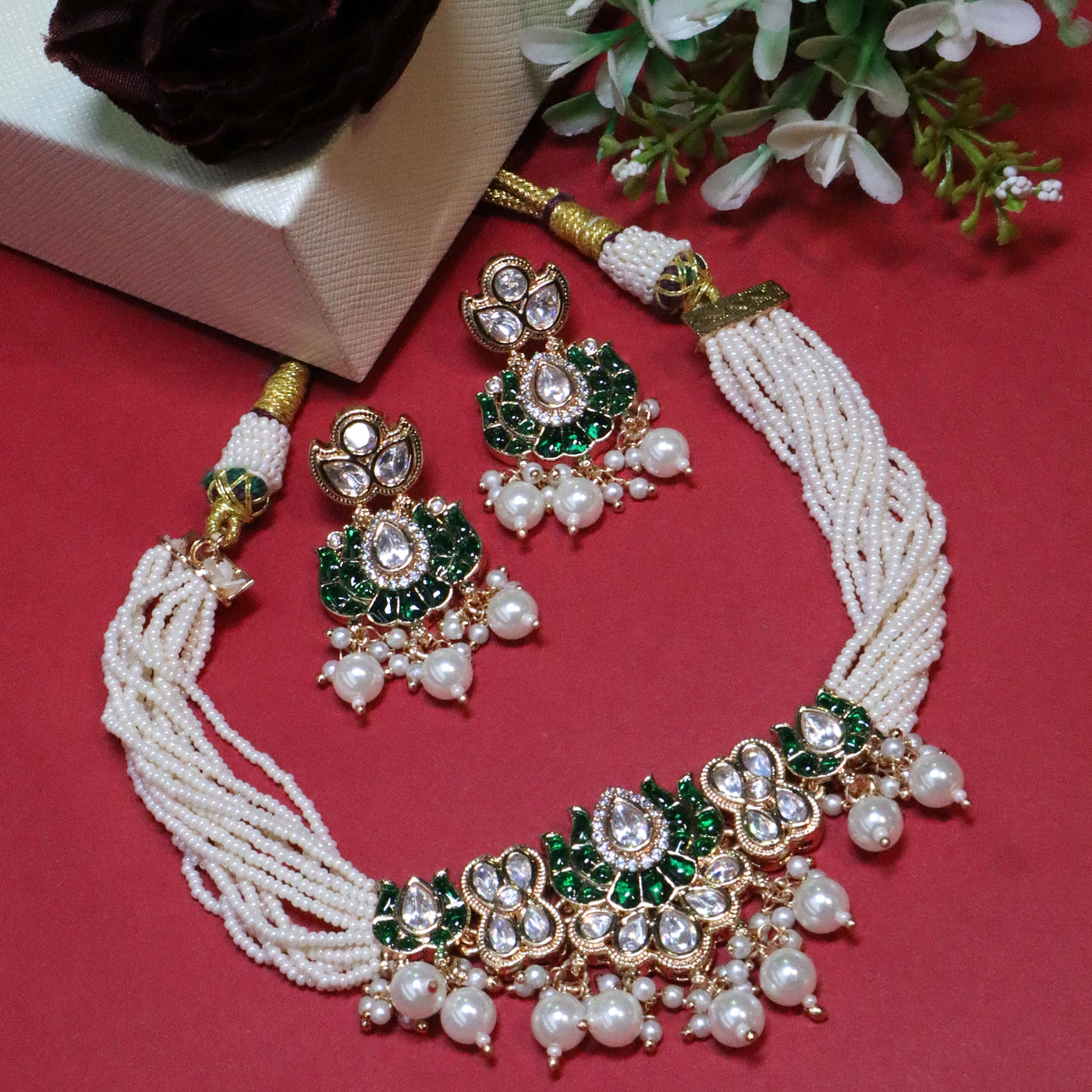 Emerald Green Enamel & Kundan Pearl Choker Set - SIA45688