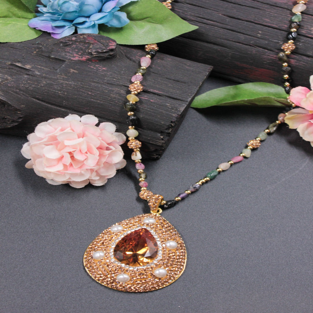 Teardrop Amber Crystal Pendant Necklace with Pearl Accents - SIA457616