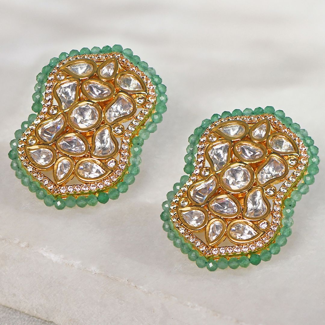 Kundan Polki Green Beaded Stud Earrings - STJBRAU23 1