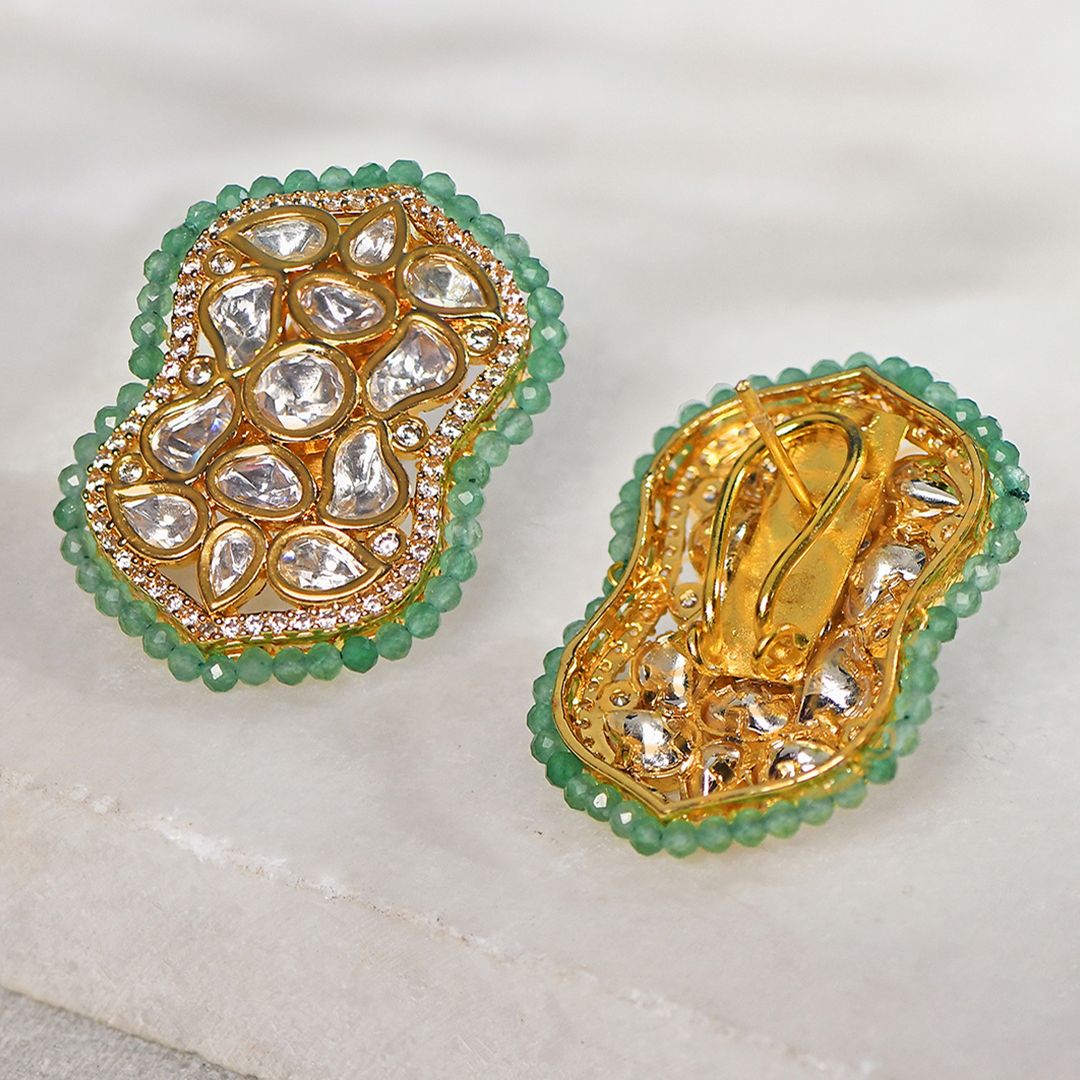 Kundan Polki Green Beaded Stud Earrings - STJBRAU23 1