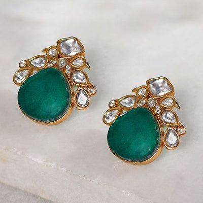 Polki Stud Earrings With Green Onyx - STJBRAU23 2