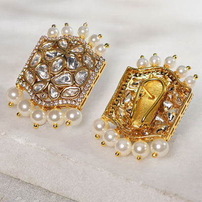 Stud Earrings With Polki And Pearls - STJBRAU23 4