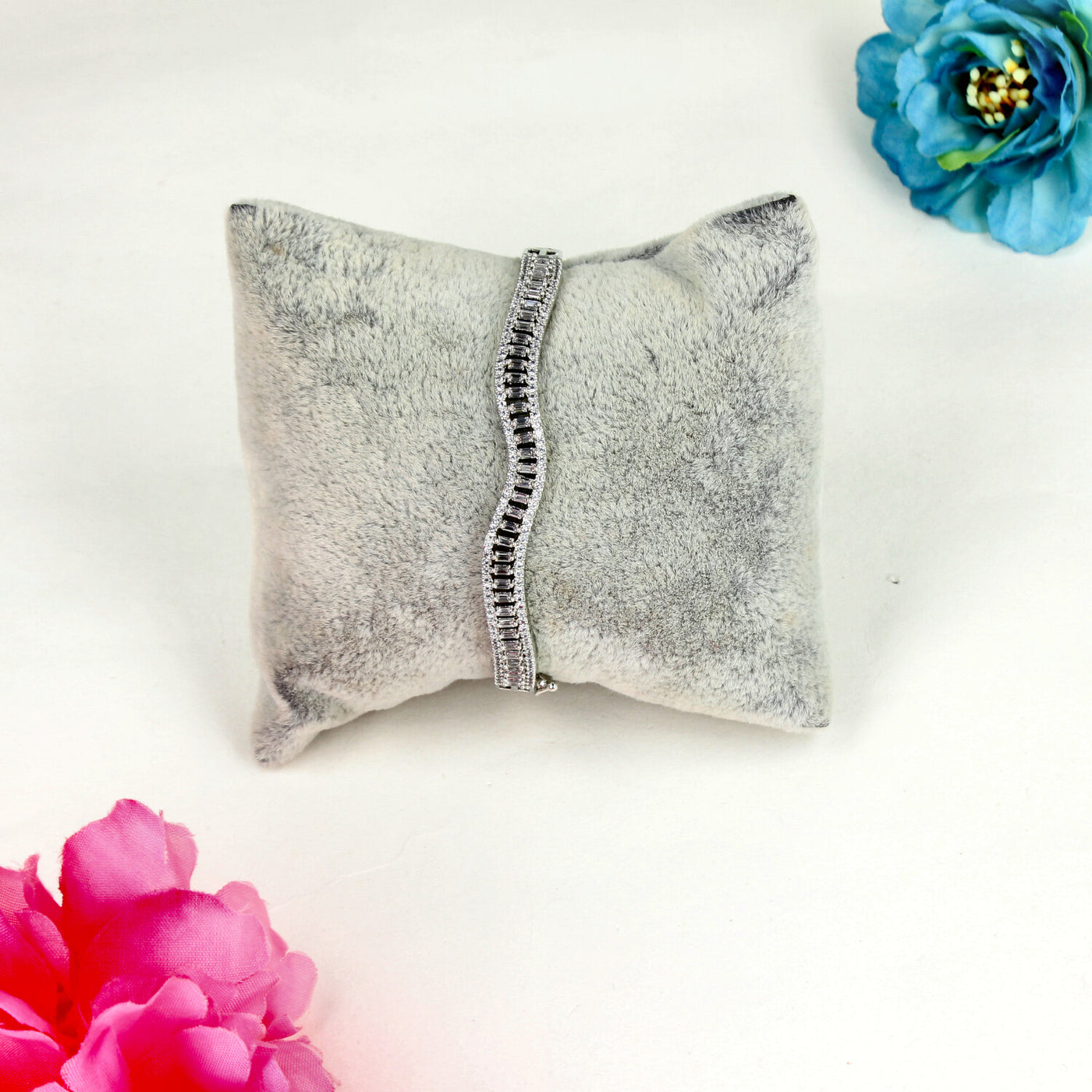 Silver Wavy Bracelet with White Stones and Clear Crystal Accents - Sia450532
