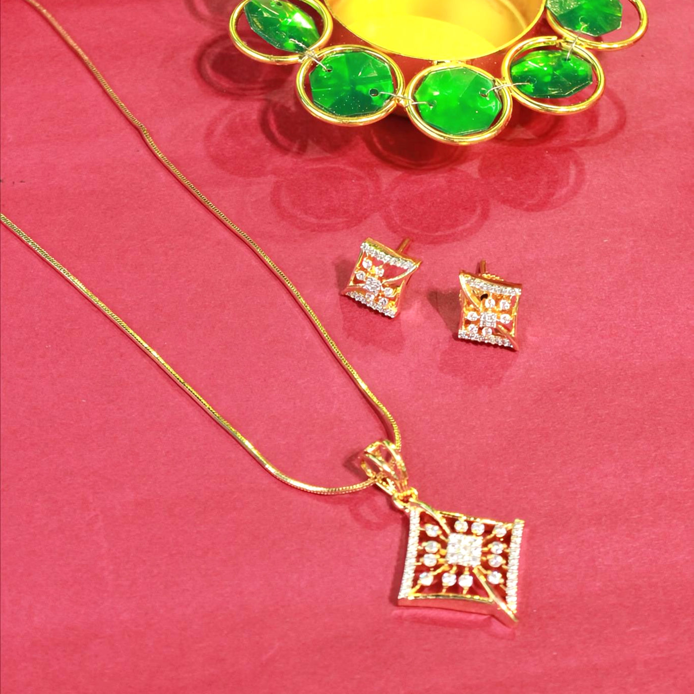 Gold Square Pendant Set with Matching Diamond Earrings - Sia450653