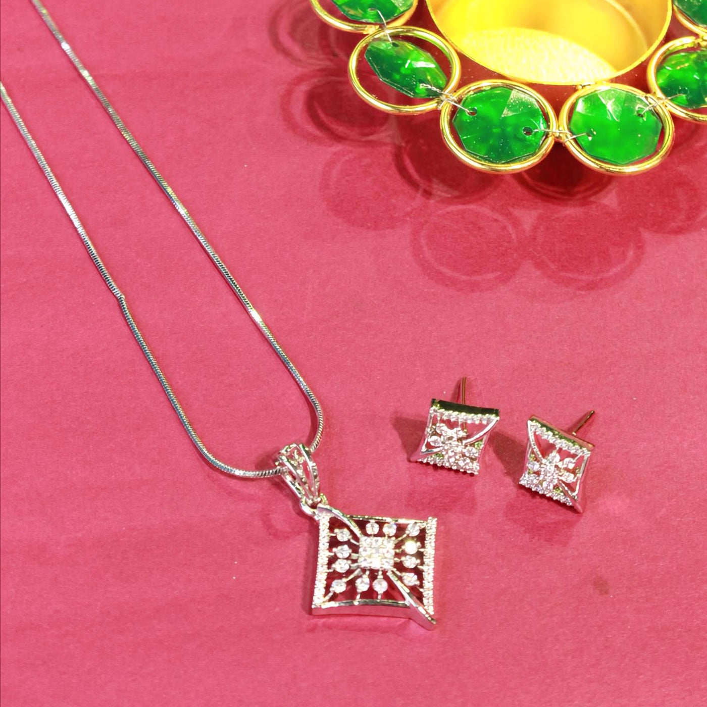 Silver Square Geometric Pendant Set with Matching Earrings - Sia450654