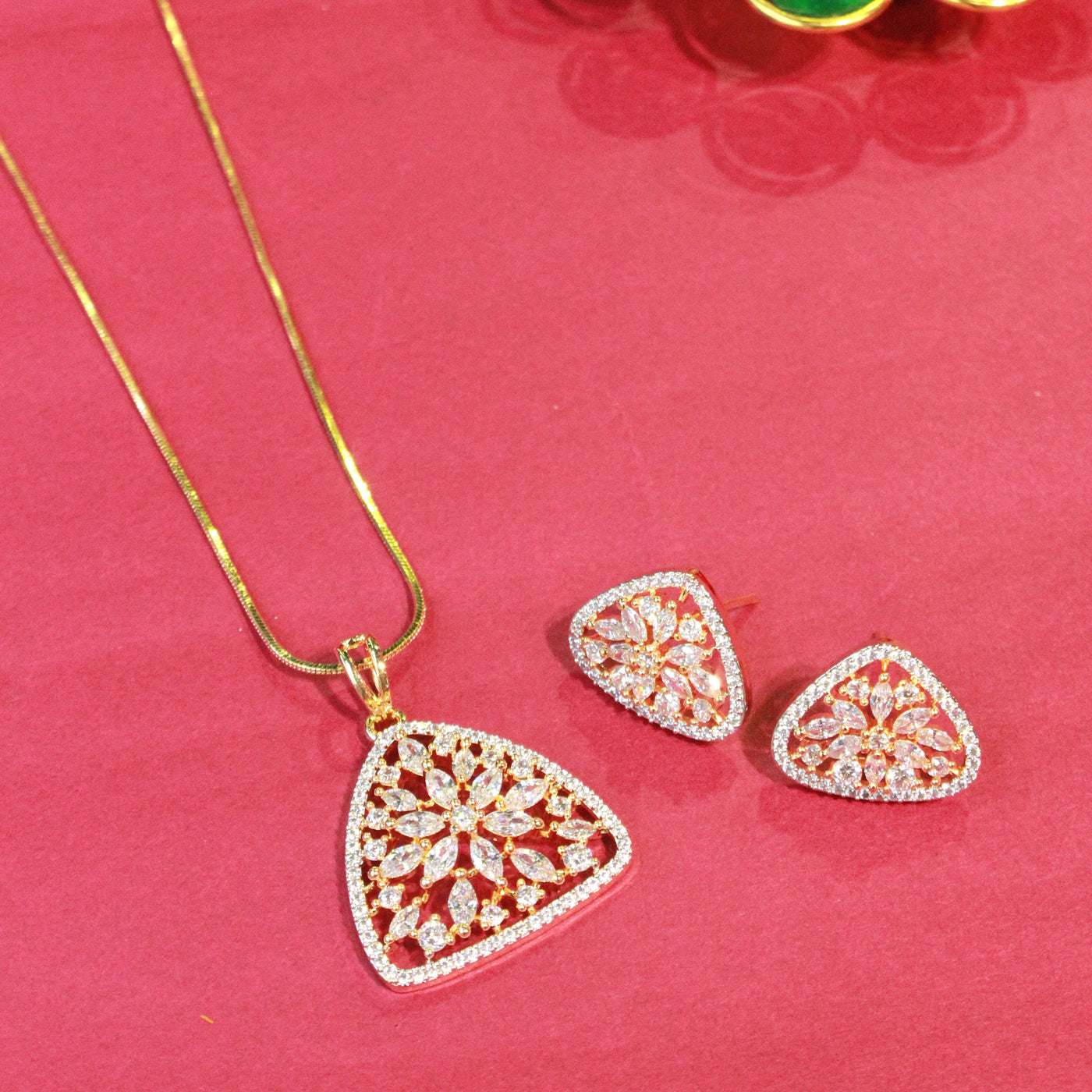 Gold-Tone Teardrop Floral Pendant Set with Matching Earrings - Sia450655