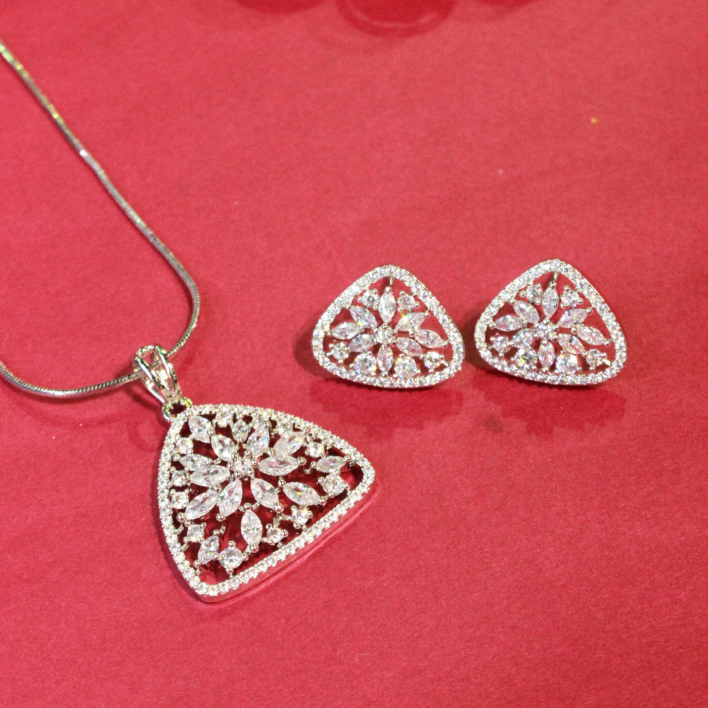 Silver Teardrop Floral Pendant Set with Matching Earrings - Sia450656