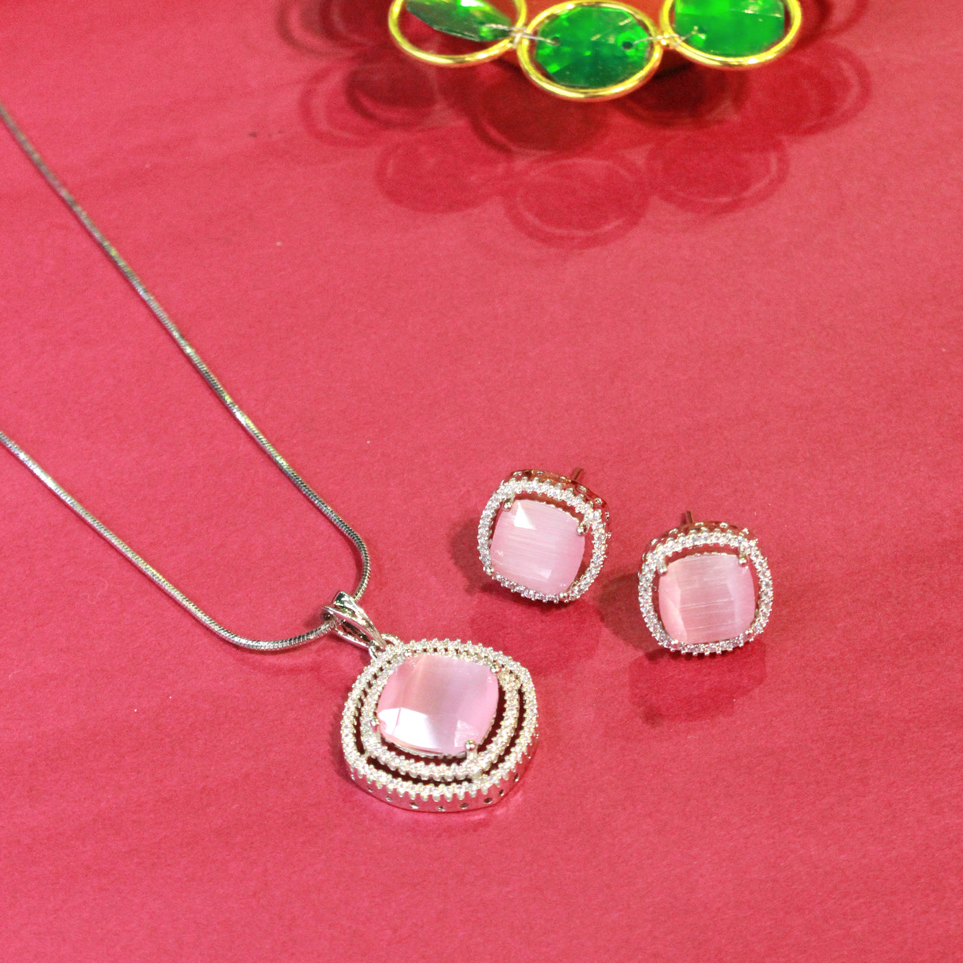 Pink Square Pendant Set with Matching Earrings - Sia450657