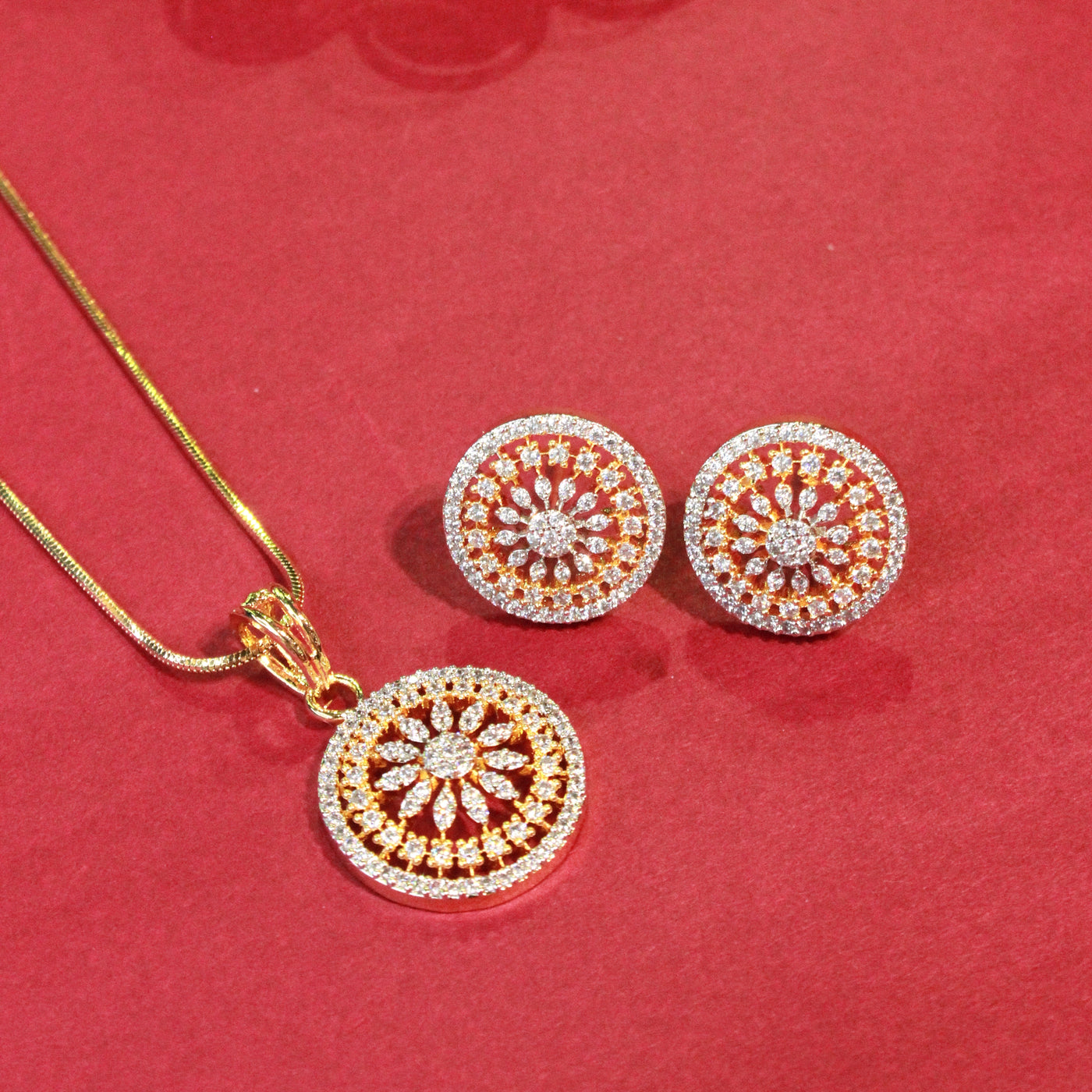 Golden Blossom Sparkle Set – Pendant with Matching Floral Round Earrings - Sia450663