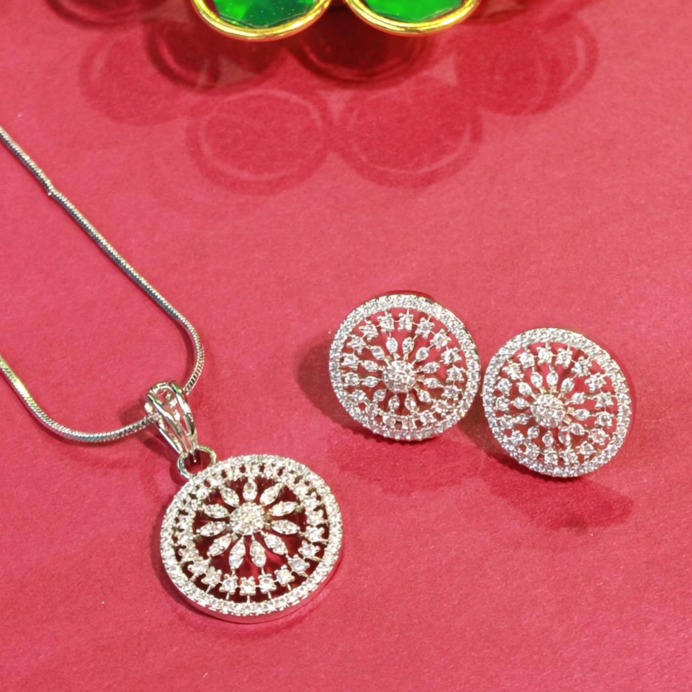 Silver Bloom Sparkle Set – Pendant with Matching Floral Round Earrings - Sia450664