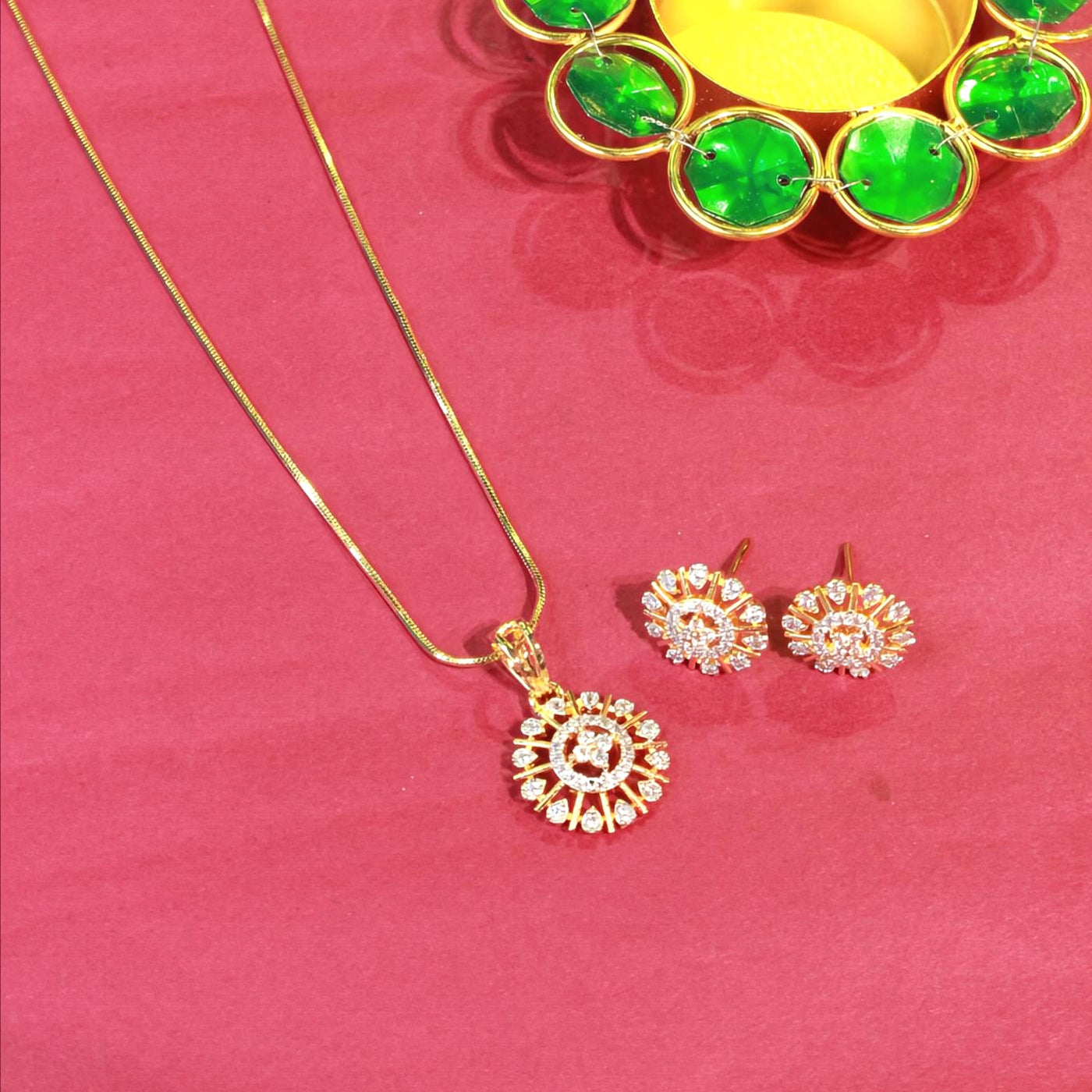 Gold-Tone Round Floral Pendant Set with Matching Earrings - Sia450688