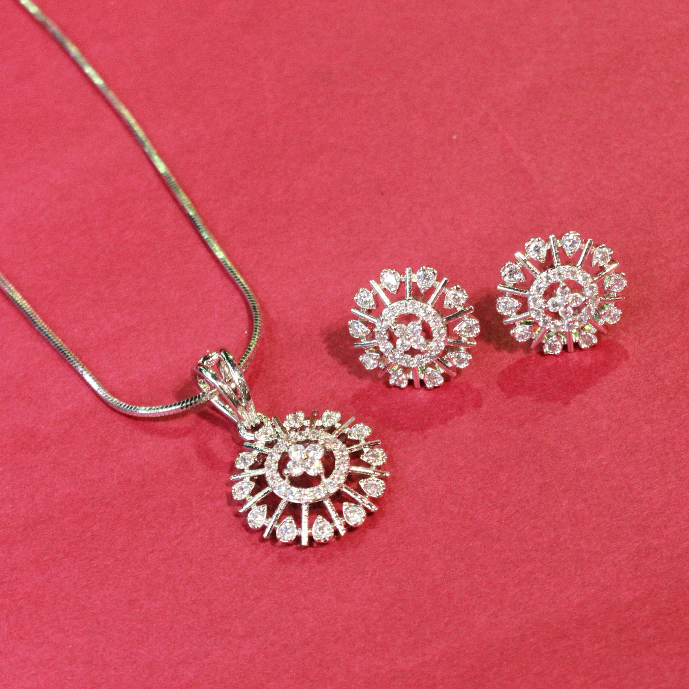Silver Round Floral Pendant Set with Matching Earrings - Sia450689