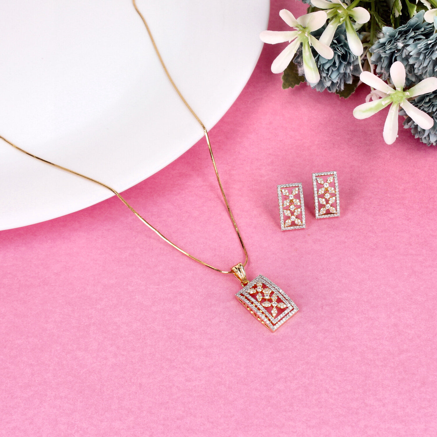 Gold-Plated Rectangular Pendant Set with Diamond-Cut Floral Design – Necklace & Earrings Combo - Sia450695