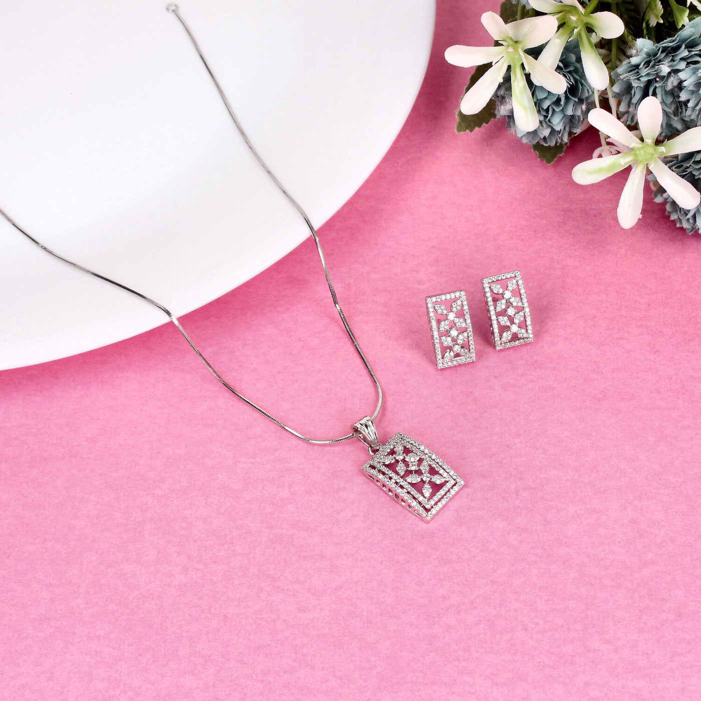 Silver-Tone Rectangle Pendant Set with Geometric Floral Design – Necklace & Earrings - Sia450696