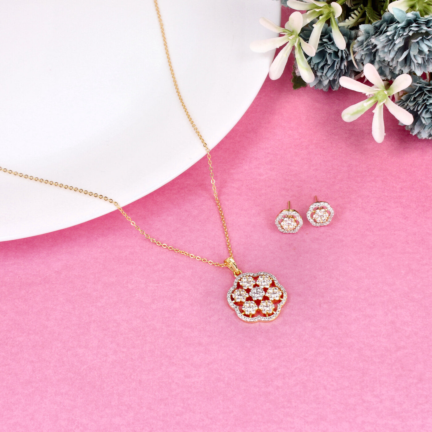 Gold-Tone Hexagon Floral Pendant Set with Sparkling CZ Stones – Necklace & Stud Earrings - Sia450820