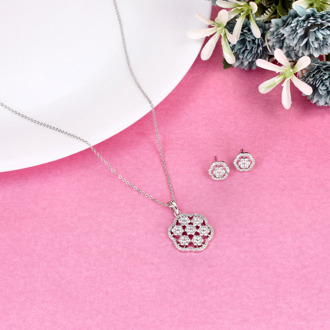 Silver-Tone Floral Hexagon Pendant Set with Sparkling Crystal Accents - Sia450821
