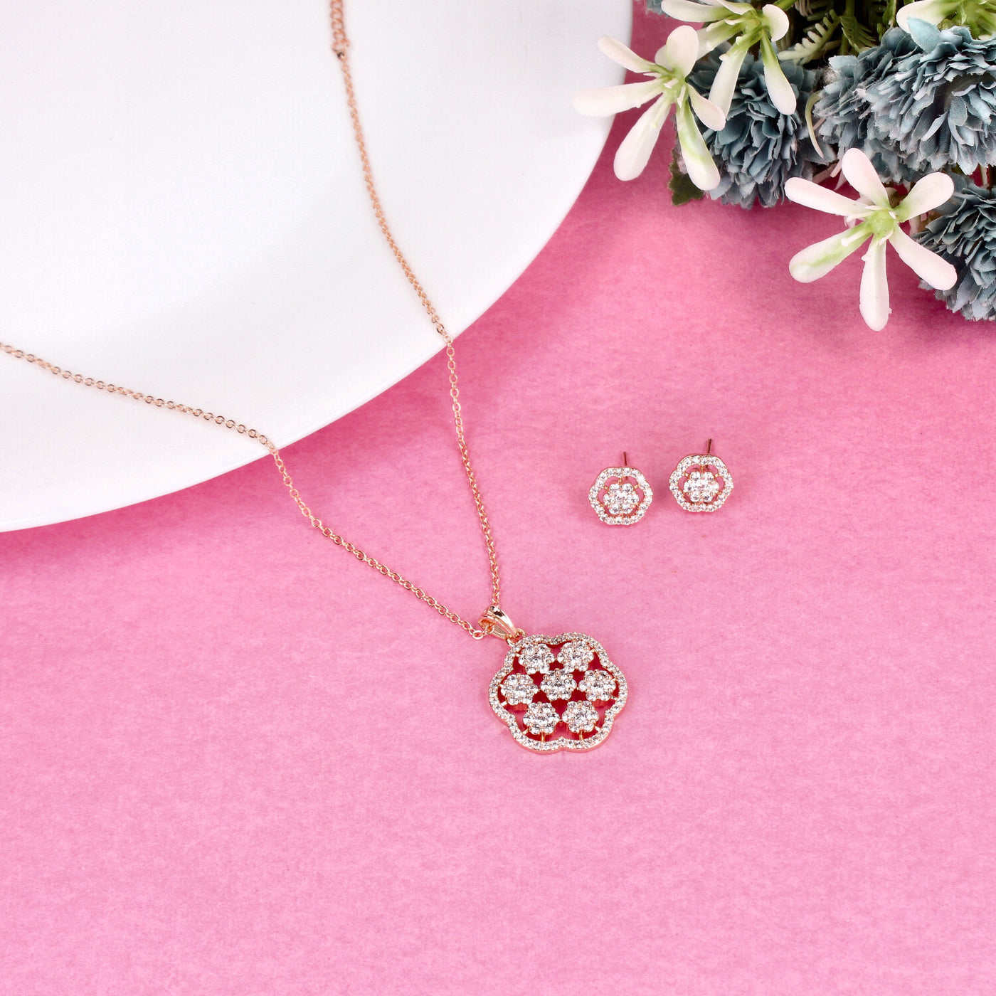 Rose Gold Floral Hexagon Pendant Set with Diamond Accents - Sia450822